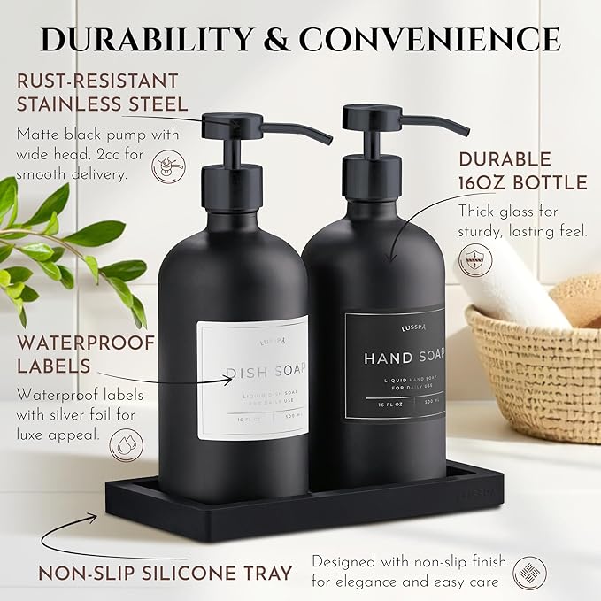 Glass Soap Dispenser Set of 2 (Black) with Silicone Tray | Hand and Dish Soap Dispenser for Kitchen and Bathroom | 16.8 Oz Glass Bottles with Stainless Steel Pump & 15 Waterproof Labels (Black)