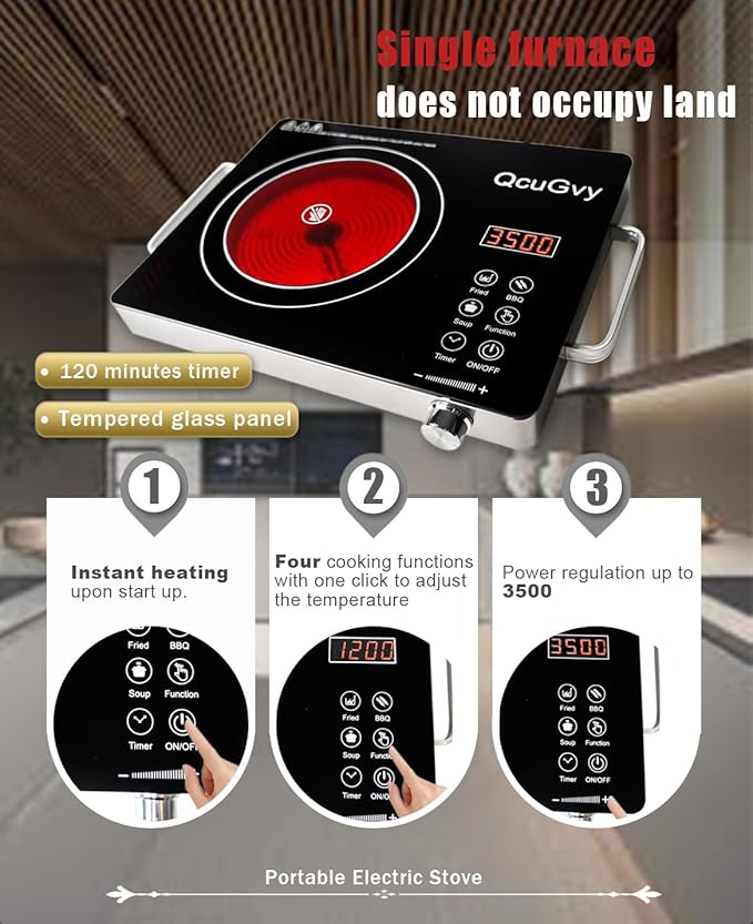 14" Portable Infrared Burner 3500 Electri Burner with 3 Hours Timer-Electric Hot Plate Touch Control Panel Adjustable Heating Power Glass Plate Electric Cooktop for Cooking (Black)