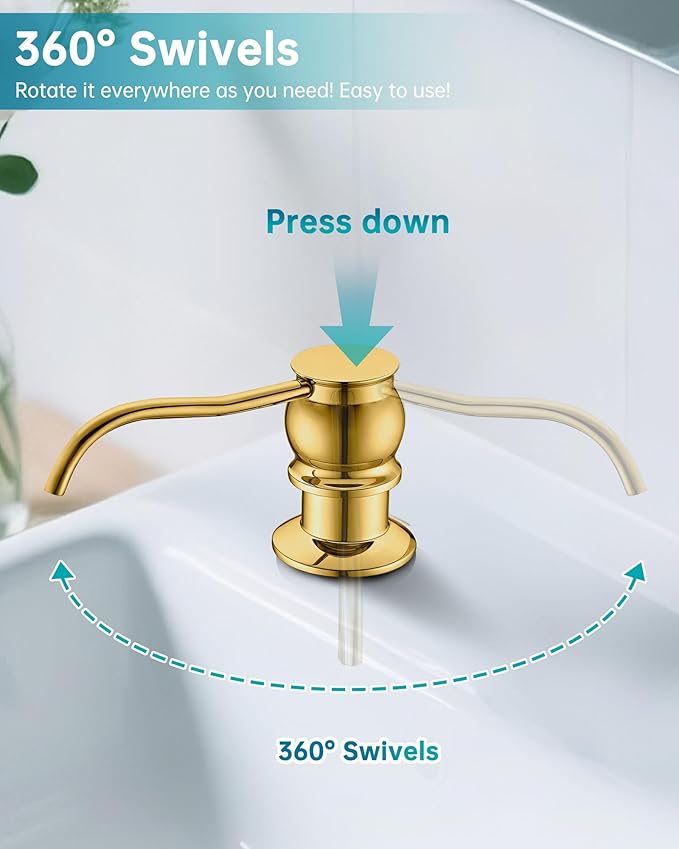 Built in Deck Mount Liquid Lotion Kitchen Countertop Metal Soap Dispenser, Gold Brass Dispenser Pump with 500ml (17oz) High Capacity Bottle