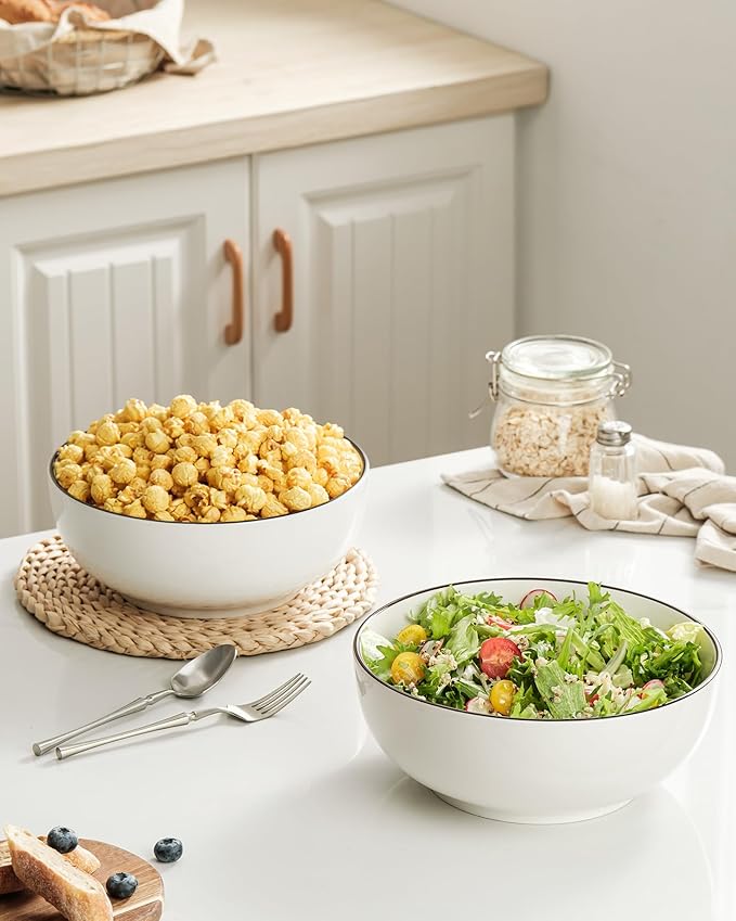 Salad Bowls, 120 OZ(10") Large Serving Bowls Set of 2, Ceramic White Serving Bowls for Salad, Soup, Pasta and Dinner, Large Porcelain Bowl Set for Entertaining with Black on the Rim