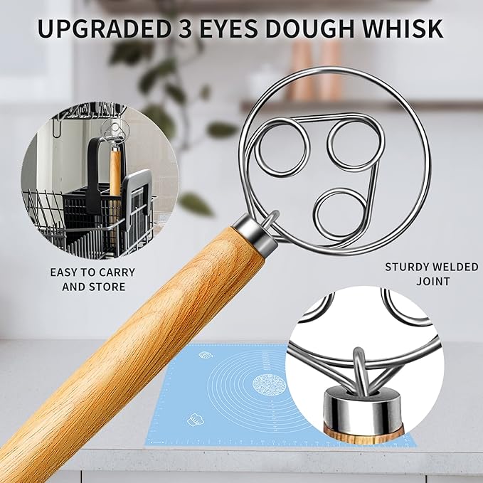 TEEVEA Danish Dough Whisk for Sourdough Bread, Pizza & Pastry - Wooden Handle with Stainless Steel Hook