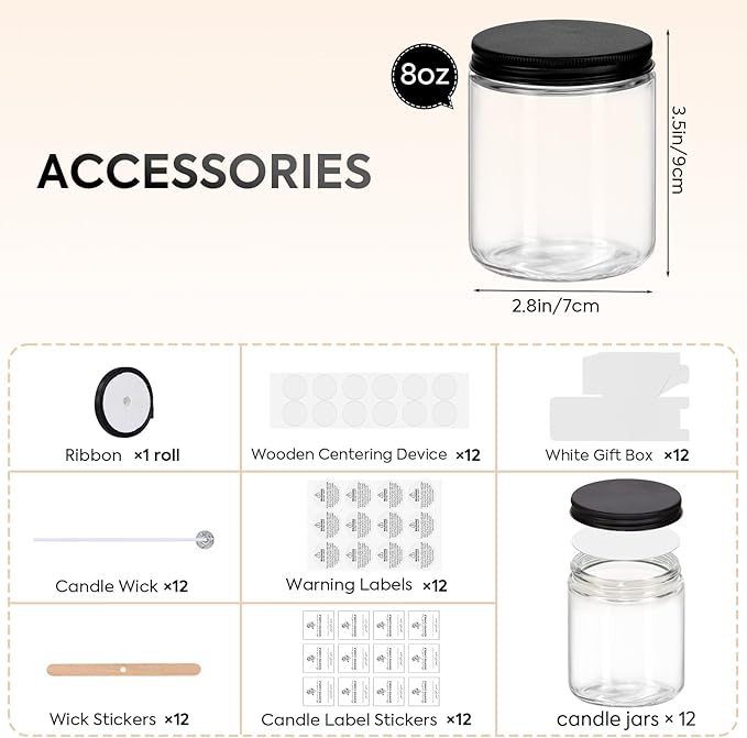 12 Pack 8OZ Glass Jars with Metal Lids, Candle Jars with Candle Making Kits, Labels, Gift Box, Empty Canning Jars, for Food Storage, Spice, Liquid
