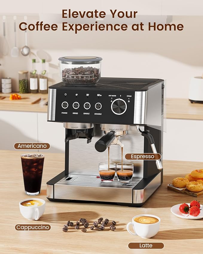 Electactic(2026 Upgrade Espresso Machine with Grinder, Expresso Coffee Machines with Built-in Anti-Clog Coffee Grinder/Milk Steam Wand, Expresso Machines for Home Perfect Cappuccino Latte-Satin Black