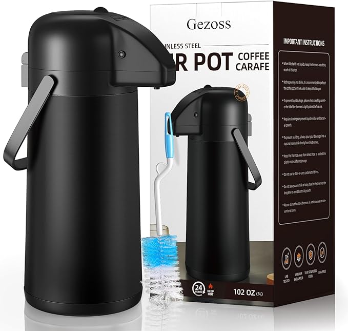 Coffee Carafe for Keeping Hot - Gezoss 102OZ / 3L Airpot Coffee Dispenser with Pump - Large Coffee Carafe for Hot Drinks Tea Liquid - Insulated Stainless Steel Hot Water Beverage for Parties,Black