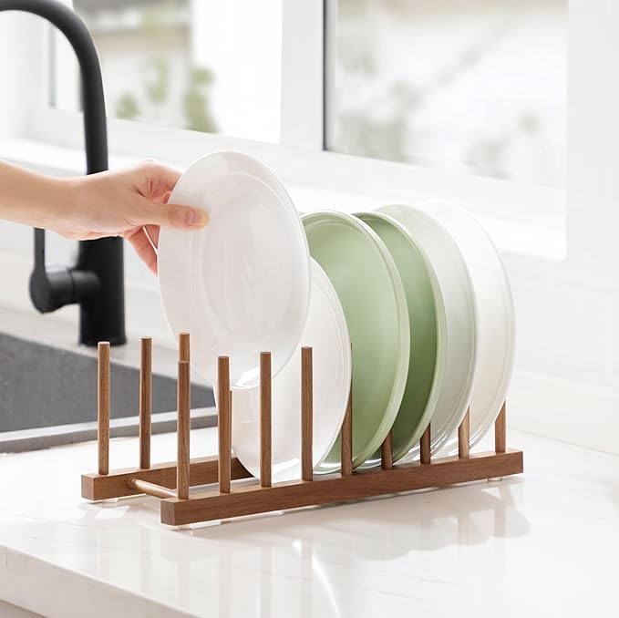 HBlife Acacia Wooden Dish Dying Rack Pot Lid Plate Organizer Holder for Cabinet, Cutting Board Stand Drainer Storage Plate Rack for Dish, Pot Lid, Bowl, Cup, Cutting Board and Books