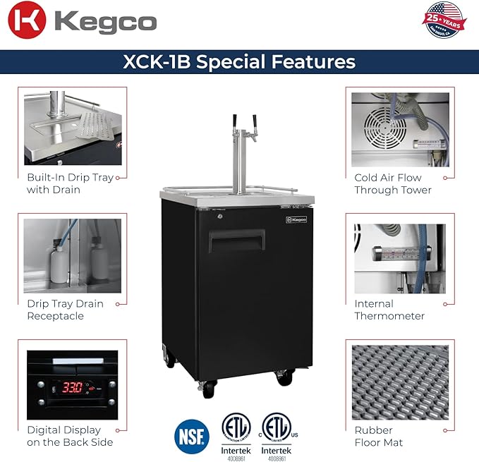 Kegco XCK-1B-2 24" Dual-Tap Commercial Kegerator – Stainless Steel Draft Beer Dispenser, Holds Full or Slim Kegs