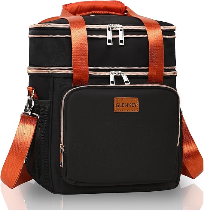 Expandable Insulated Lunch Box for Women Men, Double Deck Large Lunch Bag Tote Leakproof Lunch Cooler with Shoulder Strap for Adults Work Shift Outdoor Picnic Daytrip, (Black, 16L),GLENKEY