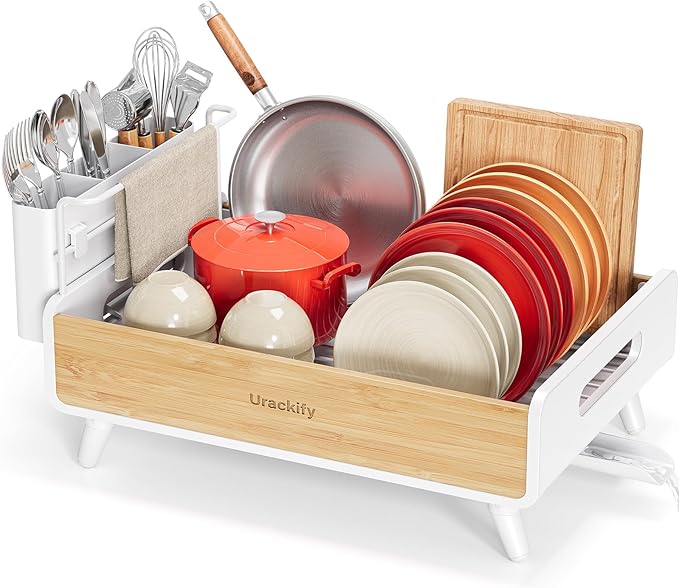 Urackify Dish Drying Rack for Kitchen Counter - Stainless Steel & Bamboo Dish Rack with Large Removable Utensil Holder, Dish Drainer with Adjustable Automatic Spout, White