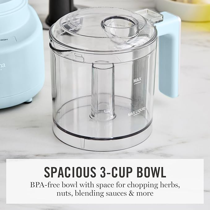 Martha Stewart 3 Cup Electric Food Chopper, Vegetable & Herb Mini Food Processor, 24oz BPA-Free Bowl, Stainless Steel Blades, Pour Spout, Dicing, Mincing, Chop & Puree, Dishwasher Safe, Sky