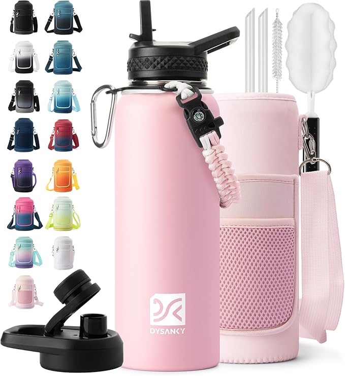 DYSANKY Insulated Water Bottle | Thickened Stainless Steel Vacuum Metal | Portable Sports Water Jug for Gym and Hiking with Straw, Carrier Bag, Handle Strap | BPA-Free 40 oz, Pink