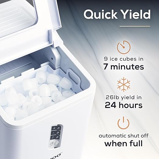 Igloo Portable Ice Maker with Scoop - Countertop Ice Maker with LED Control Panel & 1.5 Qt Water Tank - Ice Maker Produces 26 Lbs. of Ice in 24 Hours with 9 Large or Small Cubes in 7 Minutes- White