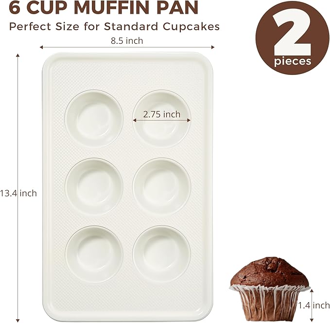 HONGBAKE 2 Pack Nonstick Ceramic Muffin Pan, 6 Cup Muffin tin for Baking, Non-toxic Cupcake Pan, Heavy-duty Aluminized Steel Cupcake Tray with Diamond Texture, Easy To Clean (Cream, 2PCS)