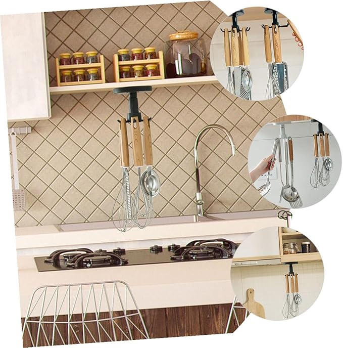 Luxshiny 3pcs Kitchen Utensil Hooks Wall Mount Rotating Storage Organizer Set Black Top Hanging Hooks for Kitchen Cabinets and Cooking Utensils