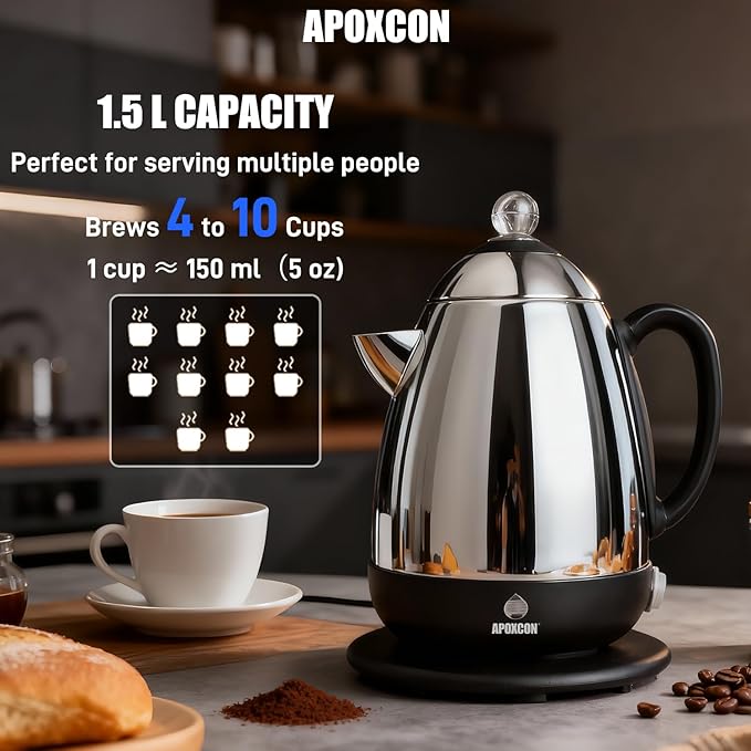 APOXCON Electric Coffee Percolator Stainless Steel Coffee Maker with Clear Brew Progress Knob and No-Drip Spout Auto Keep Warm & Cordless Serving Coffee pot with On/OFF Switch Fast Brew (10 Cup)