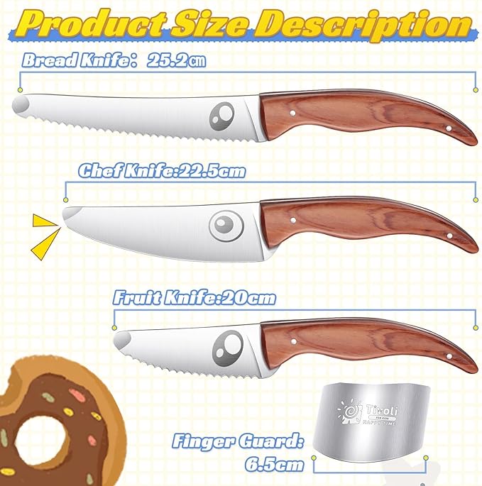 TIVOLI Kids Chef Knife Set with Finger Guard, 3-Piece Safety Stainless Steel Children's Cooking Knives for Cutting Fruits, Vegetables, Bread, Fun & Safe Kitchen Tool for Young Chefs