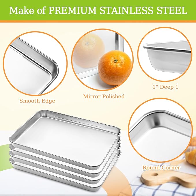 CEKEE Stainless Steel Baking Sheet Set of 4, Large Baking Pan & Cookie Sheet & Baking Tray for Oven, Half Sheet Pan, Size 18 x 13 x 1 inch, Heavy Duty & Mirror Finish & Easy Clean