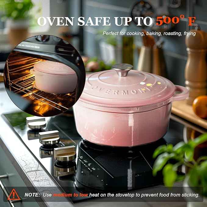 Overmont Enameled Cast Iron Dutch Oven - 7QT Pot with Lid Cookbook & Cotton Potholders - Heavy-Duty Cookware for Braising, Stews, Roasting, Bread Baking pink