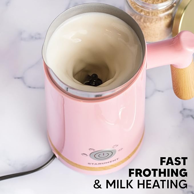 Starument Electric Milk Frother - Automatic Foamer & Heater for Coffee, Latte, Cappuccino, Other Creamy Drinks 4 Settings Cold Foam, Airy Dense Foam Warm Easy to Use, Pink, 8x4x5 inches (MS-MF)