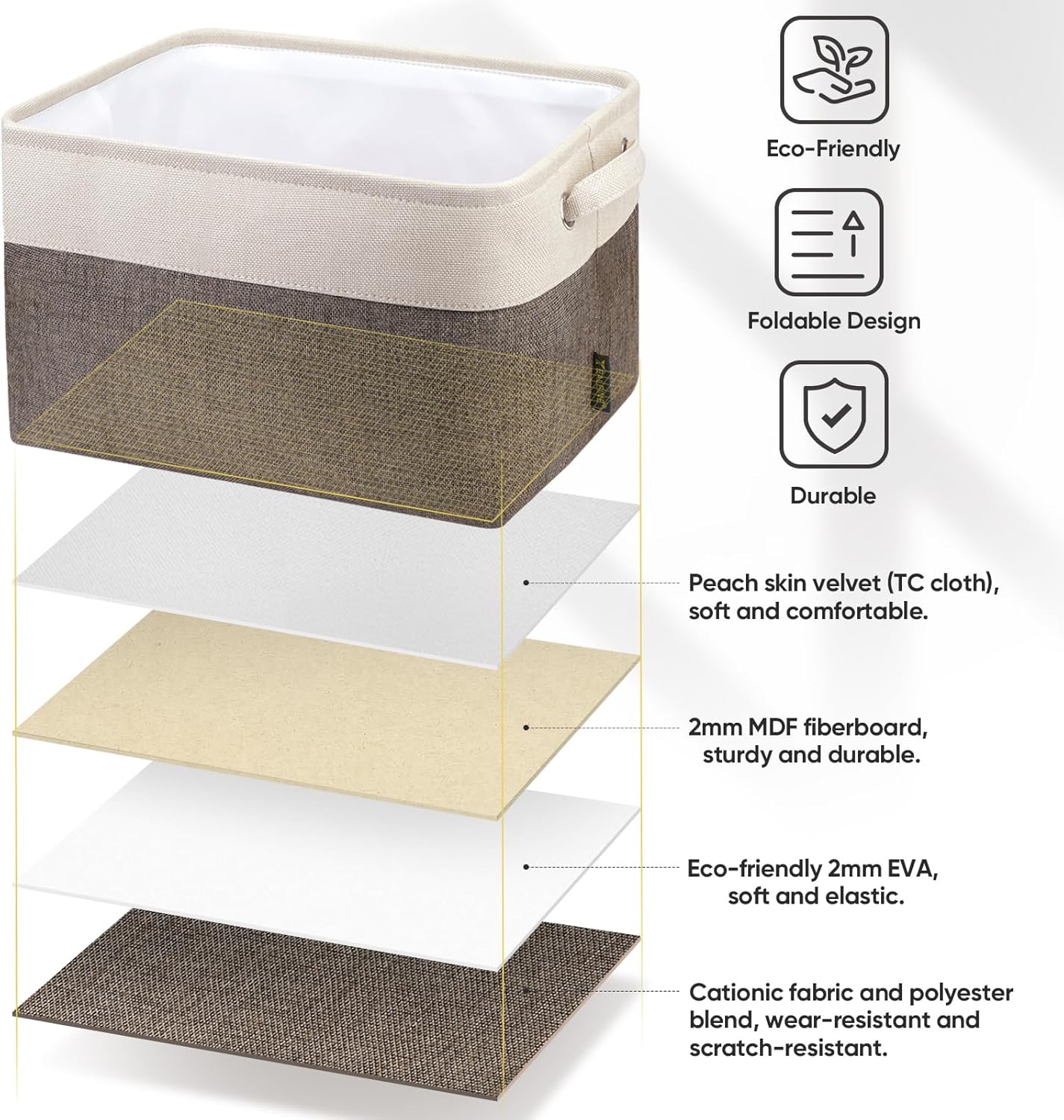 BALEINE 4 Pack Fabric Storage Bins for Shelves, Linen Storage Baskets for Organizing, Decorative Closet Bins for Clothes, Home (Brown, 15"x11"x9.5")