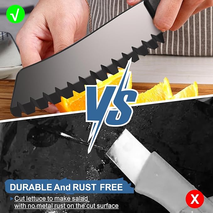 2 pcs Plastic Knife for Nonstick Pans lettuce knife with serrated Blade Plastic Knife Set for Cutting Fruits, Veggies and Bread, Black and Grey