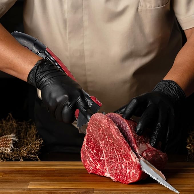 Cordless Electric Fillet Knife - 5 Ti-Nitride Coated Non-Stick Blades, Ergonomic Non-Slip Grip Handle & Cooling Vent Stylish with Carry Bag,Perfect Electric Knife for Effortless Fishing (Red)