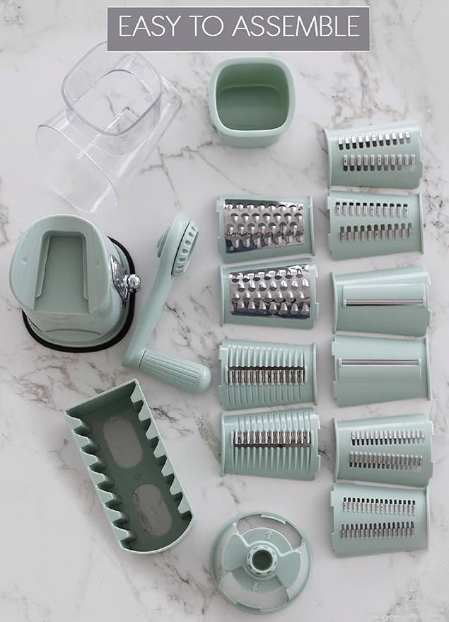 5 in1 Rotary Cheese Grater with Handle, Rotary Grater, Vegetable Slicer, Shredder, Carrot Grater, Nut Grinder, and Chocolate Shaver (Light Green)
