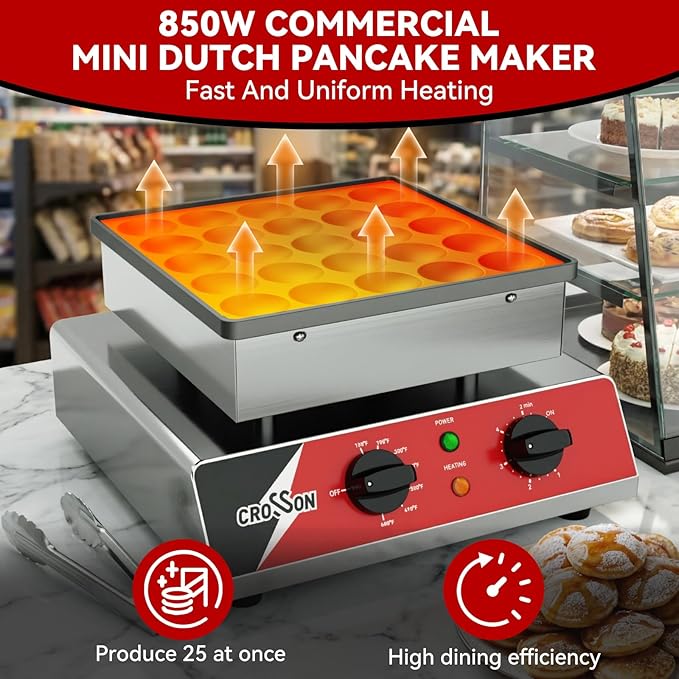 CROSSON Mini Pancake Maker, 25PCS 43mm Diameter Dutch Muffin Waffle Baker, Non-stick Stainless Steel Poffertjes Grill, Commercial Electric Dorayaki Machine W/Temp & Time Control 120V/850W