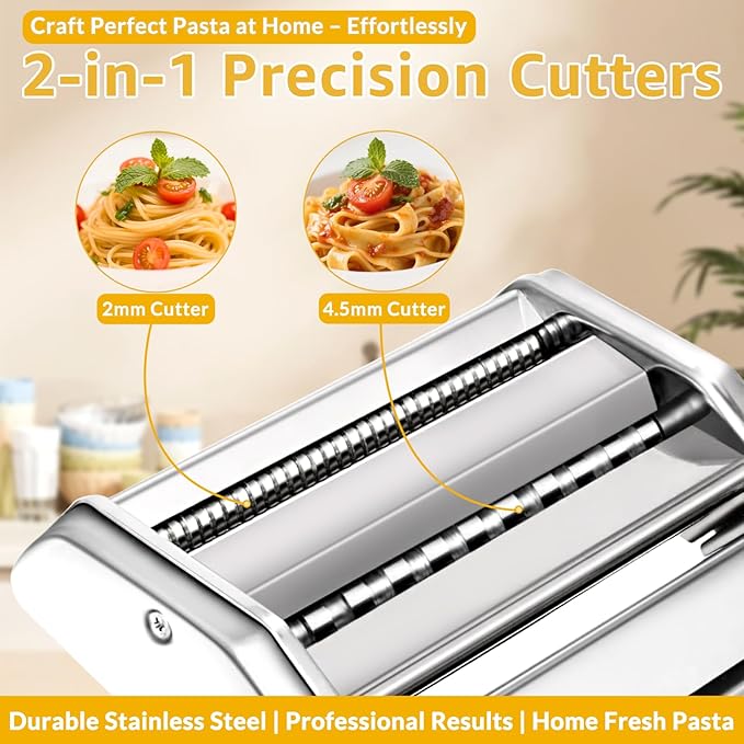 Pasta Maker with 7 Thickness Settings Roller, 2-in-1 Cutter, Hand Crank and Table Clamp, Stainless Steel Manual Pasta Machine for Spaghetti, Fettuccine, Lasagna, Ravioli