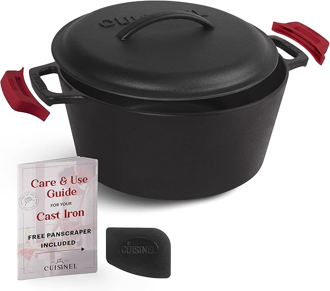 Cuisinel Cast Iron Dutch Oven - 5-Quart Deep Pot + Lid + Pan Scraper + Handle Cover Grips - Large Pre-Seasoned Cooker for Baking Bread, Soup, Frying - Indoor/Outdoor Kitchen, Camping, Fire, BBQ Safe