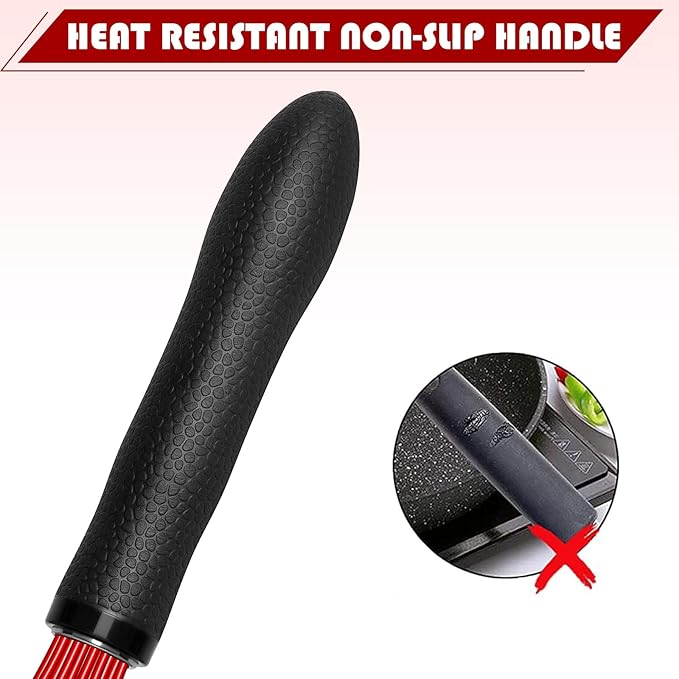 TEEVEA Silicone Whisk Non Scratch Wisking Tool, Metal Wire Stainless Steel Whisk - Small Mini Heat Resistant - Black & Red, 11-Inch