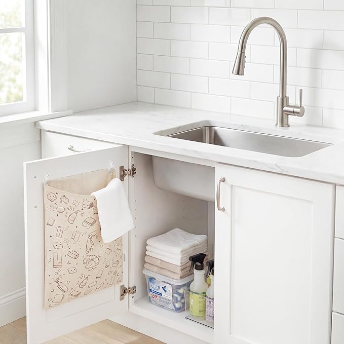 Reusable Dirty Rag Storage Bag, Linen Dish Towel Bag with Plastic Liner for Under Sink Cabinet Door Organizer