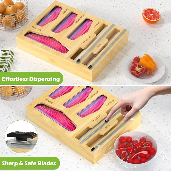 6 in 1 Bag Organizer and Wrap Dispenser with Magnetic Lid - Plastic Wrap Dispenser with Cutter for Kitchen Drawer, Storage for Gallon, Quart, Sandwich, Snack Bags, and Foil Beige