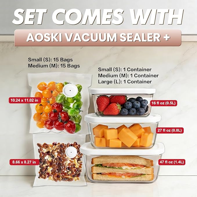 Preserve Compact Vacuum Sealer for Food: Handheld Portable Vacuum Sealer Machine + 3 Glass Vacuum Containers + 30 Vacuum Sealer Bags, Powerful Food Storage for Seal Meal Saver Fridge Sous Vide