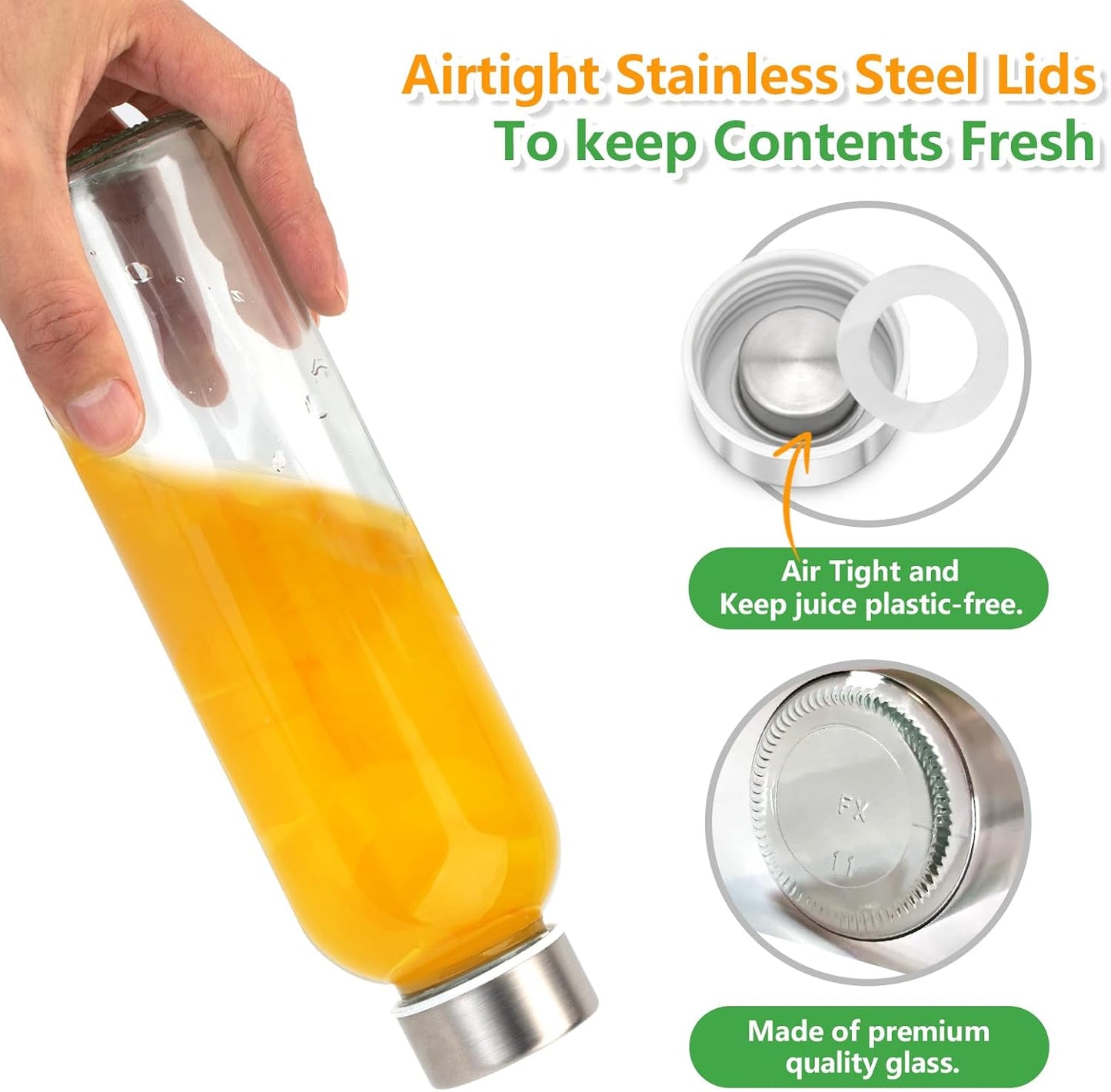 Zukro Glass Water Bottles with Lids 24 oz, 10 Pack Reusable Juice Bottles With Stainless Steel Airtight Cap for Juicing, Leak Proof Clear Drinking Jar Beverage storage container for Fridge, BPA Free