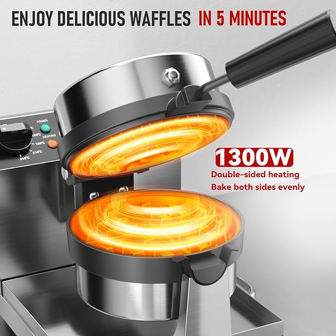 CROSSON Commercial Waffle Maker,Professional Round Belgian Waffle Maker Rotating 180° Non-Stick Plate Machine with Temp and Time Control for Restaurant Bakeries Kitchen 120V/1300W