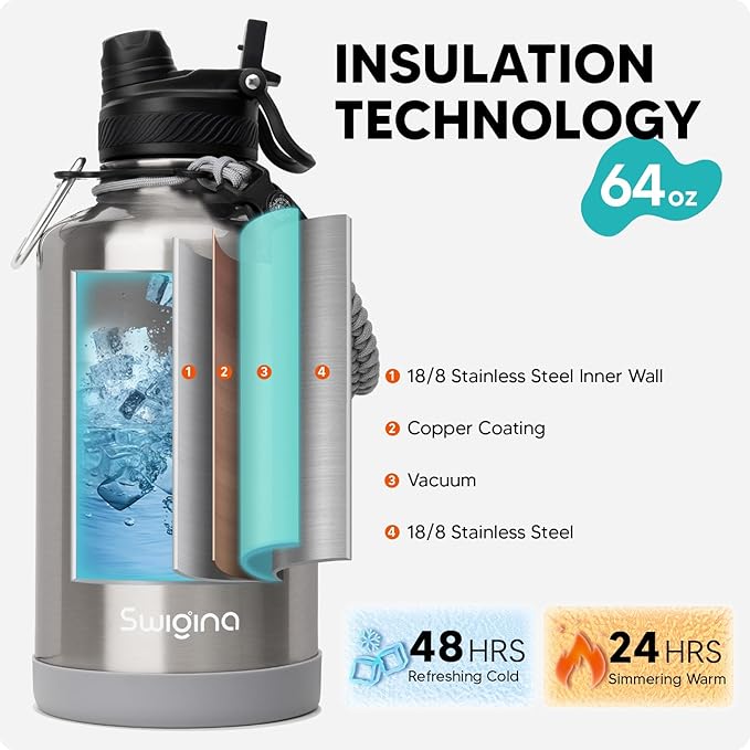 Swigina [2-IN-1 LID] 64 oz Insulated Water Bottle with Silicone Boot (48hrs Cold/24hrs Hot) - DIY Stickers, Leakproof, BPA Free, Half Gallon