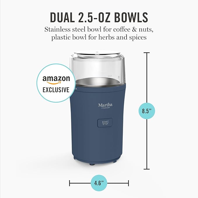 Martha Stewart Electric Coffee & Spice Grinder, Dual 2.5oz Removable Bowls, Storage Lids, Stainless Steel Blades, One Touch Pulse Control, 2-in-1 Compact, Beans & Spices, Herbs & Nuts, Indigo Blue