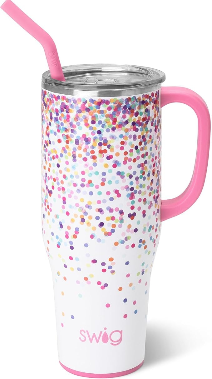 Swig Life 40oz Mega Mug, 40 oz Tumbler with Handle and Straw, Cup Holder Friendly, Dishwasher Safe, Stainless Steel, Lightweight Extra Large Insulated Glitter Water Bottle, Glitter Gifts (Confetti)