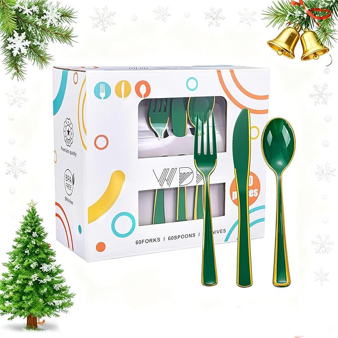 WDF 180PCS Green Plastic Silverware - Green Utensils 60 Forks, 60 Knives and 60 Spoons - Heavy Duty Christmas Plastic Cutlery for Party Supplies/Christmas