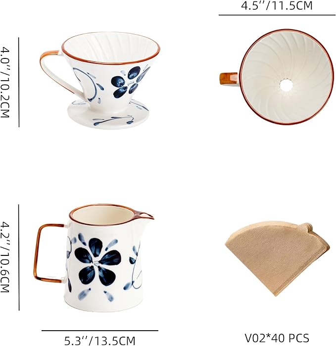 Pour Over Coffee Maker,Ceramic Coffee Maker With 40 pcs Paper Filter，15oz/450ml Pour Over Coffee Dripper (Blue and white, V02)