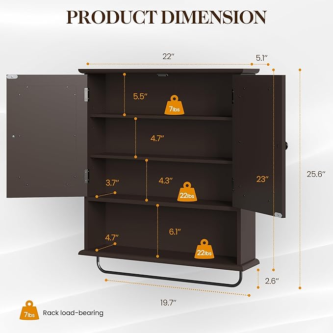 RoyalCraft 22x25 Bathroom Medicine Cabinet with Mirror, Large Wood Wall Mounted Storage Cabinet with Shelves and Towel Bar, Over The Toilet Storage Cabinet for Bathroom, Laundry, Living Room, Brown