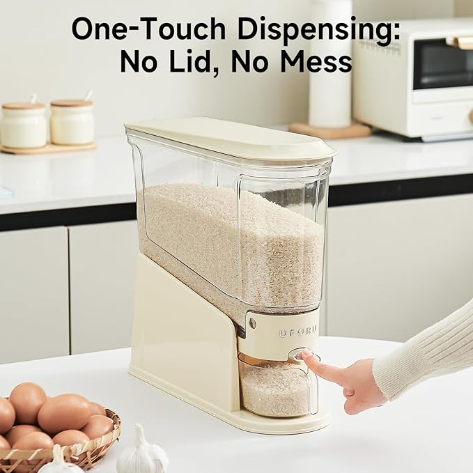 Rice Dispenser 11Lbs, Slim Rice Storage Container for Small Space, BPA-Free Clear Dry Food Dispenser Sealed Moisture Proof, Grain&Cereal Storage Bucket for Kitchen Pantry Household, Cream White
