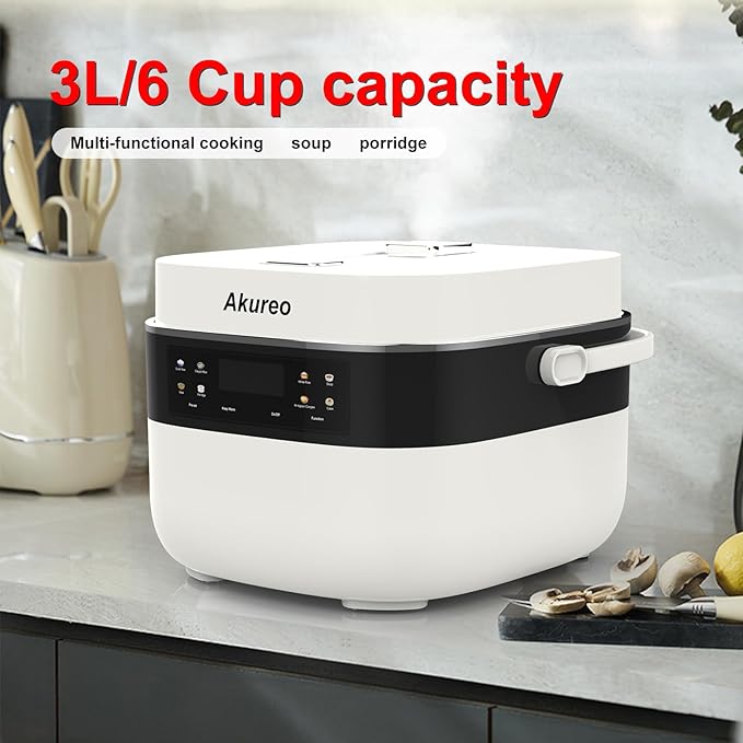 3L Smart Rice Cooker, 6-Cup Uncooked, Fuzzy Logic, Stainless steel spherical inner pot with non-stick ceramic glaze coating, Keep Warm, White