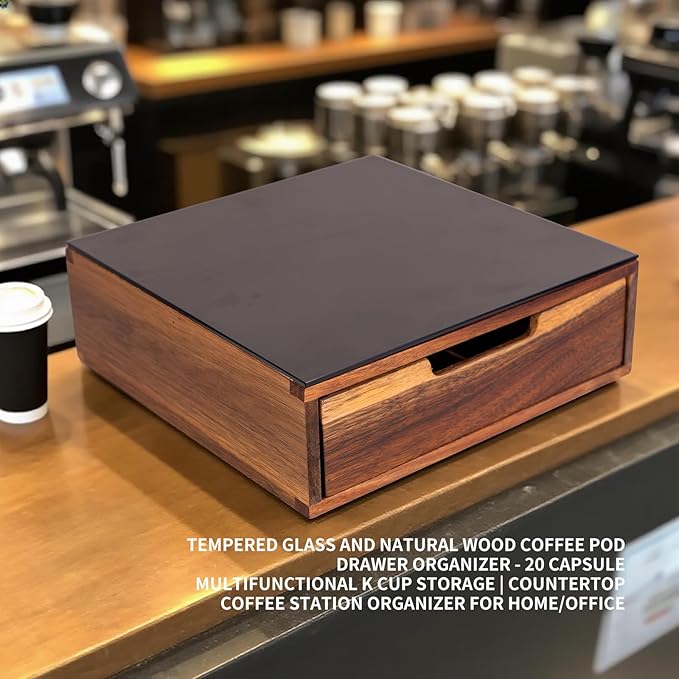 Tempered Glass and Natural Wood Coffee Pod Drawer Organizer - 20 Capsule Multifunctional K Cup Storage | Countertop Coffee Station Organizer for Home/Office (Black)