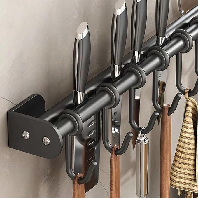 Modern Kitchen Utensil Rack, Black Wall-Mounted Hanging Rod with 6 Movable Hooks, 15.75 Inch Metal Storage Organizer