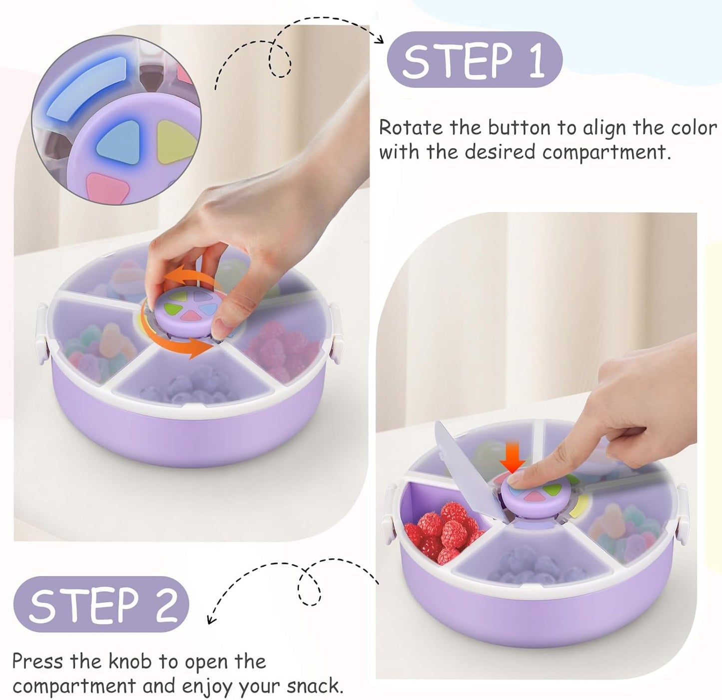 Kids Snack Spinner – Reusable Snack Container with 5 Compartments & Lid, BPA/PVC-Free, Dishwasher Safe, Perfect for Travel, School Lunches & On-the-Go Snacking, Purple