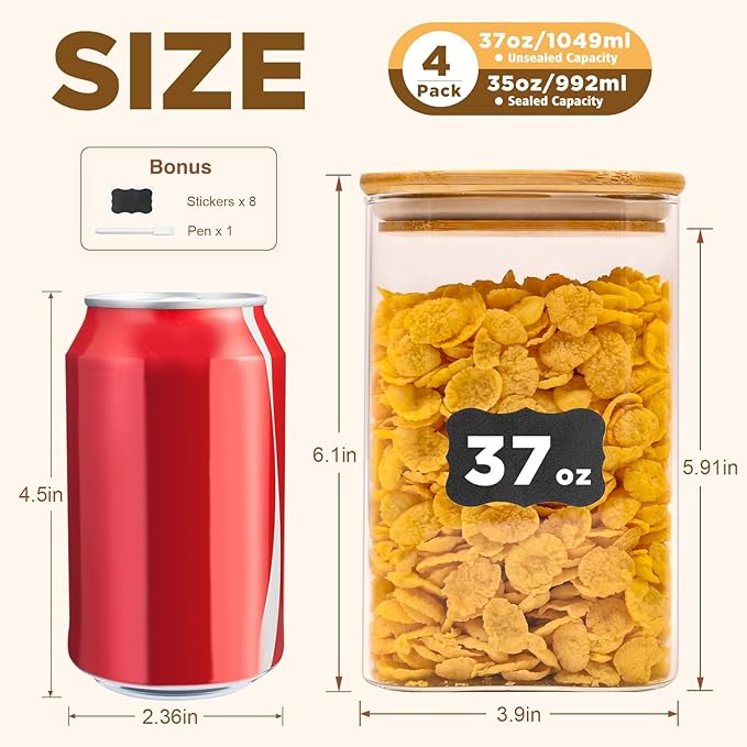 SHOWIN Glass Food Storage Jars Square 37oz, 4 Pack Glass Jars With Bamboo Lids, Kitchen Storage Containers For Spice, Candy, Cookie, Storage For Pantry Organizers