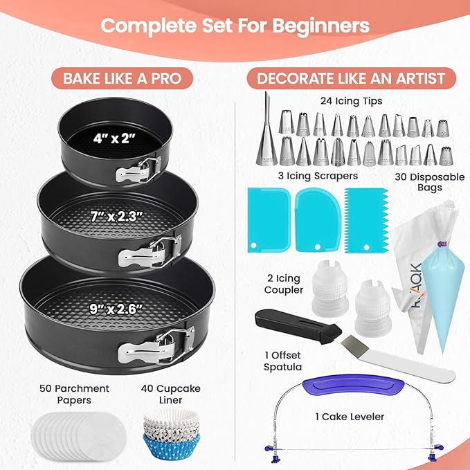 RFAQK 150PCs Cake Pan Set for Baking + Cake Decorating Supplies: 3 Round Non Stick Springform Pan Set (4, 7, 9 inches),24 Icing Tips,Cake Leveler–Multi-functional Leak-Proof Cake Pans & eBook
