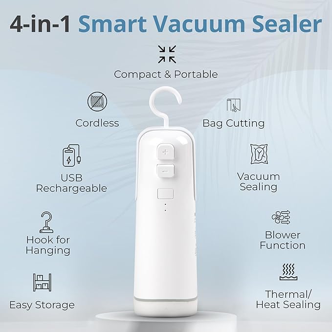 4-in-1 Handheld Vacuum Sealer for Food - USB/Battery Powered Non-Clogging Compact Vacuum Sealer for Food - Portable, Space-Saving Food Storage Solution for Sous Vide, Meal Prep, Travel & Camping