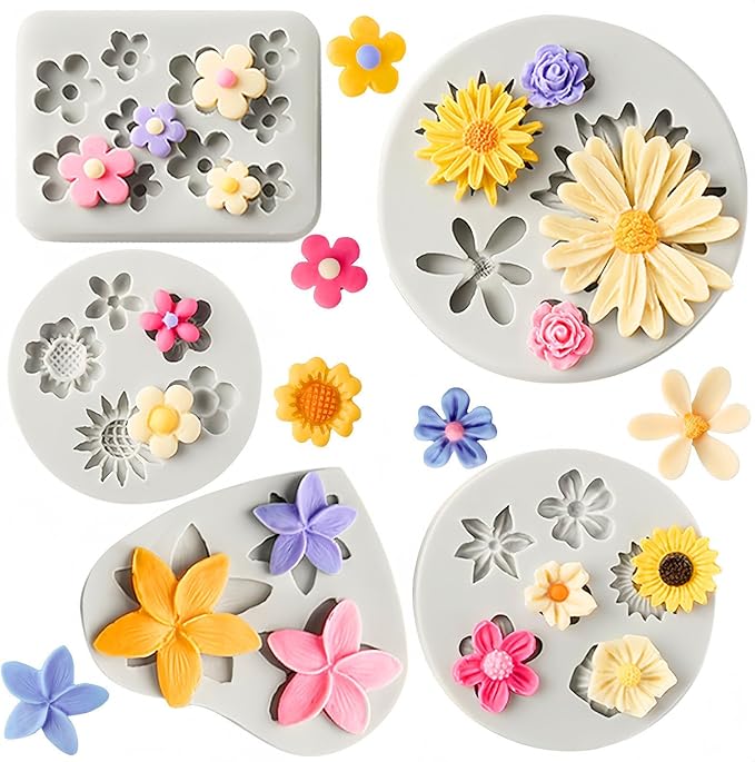 JOERSH 5PCS Silicone Flower Molds, Non-Stick Daisy Sunflower Fondant Chocolate Molds for Dessert Cake Decorating, Cupcake Topper, Cake Pop, Candy